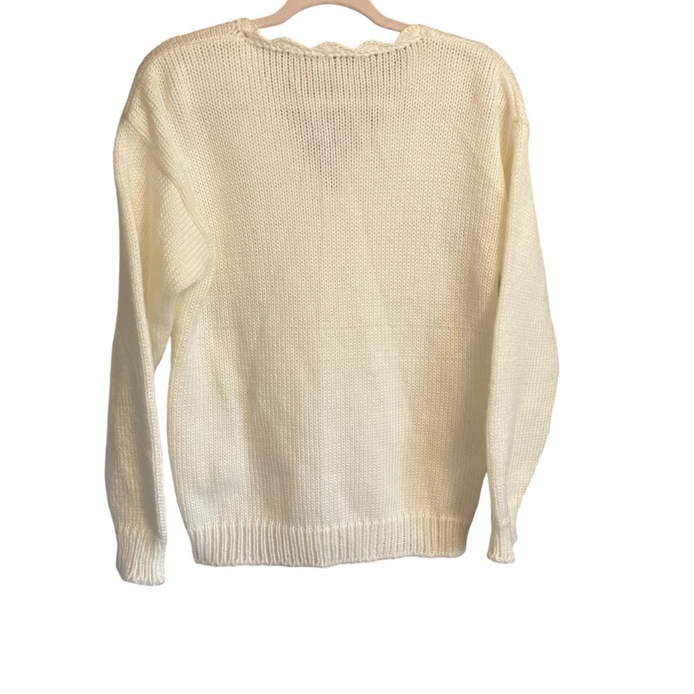Hand Knit Cream Cable Knit Button Down Sweater/Scalloped Edge V-Neck- Size M - Picture 4 of 11